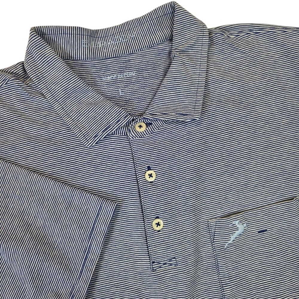 B. Draddy Men's Large Polo Shirt‎ Navy Blue White Striped Pima Cotton